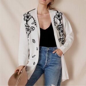 Anthropologie Black and White Embroidered Cardigan Sweater XS